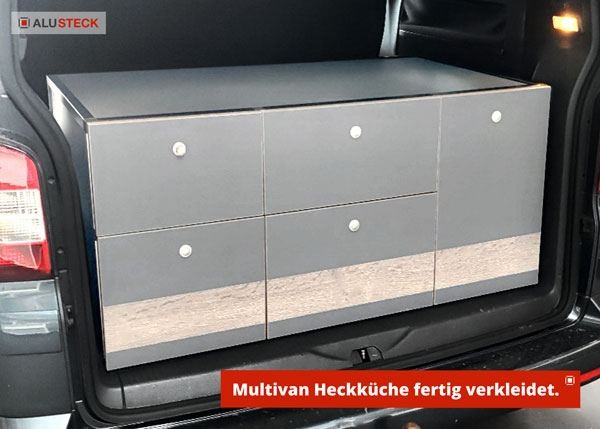 Heckküche selber bauen - VW Multivan Küchenmodul mit Schubladen im Camper eingebaut