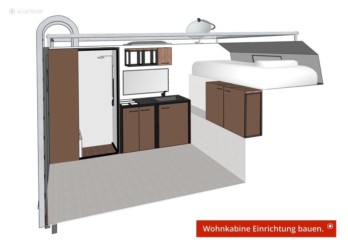 Camper Pickup Wohnkabine - Kabine mit Küche , Nasszelle und Regale - Einrichtung Innenausbau ALUSTECK®