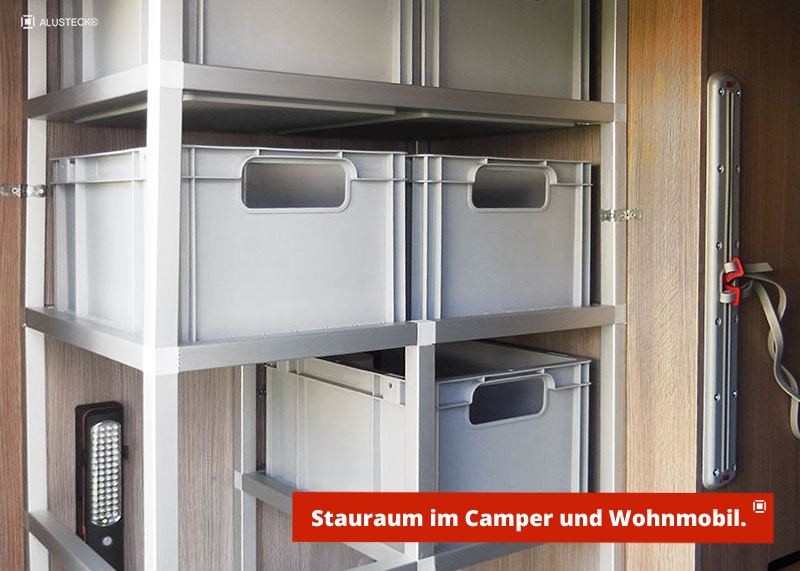 Stauraum Camper / Wohnmobil Ordnungssysteme - Module Regalsysteme Ideen - Selbstausbau Planung mit ALUSTECK®